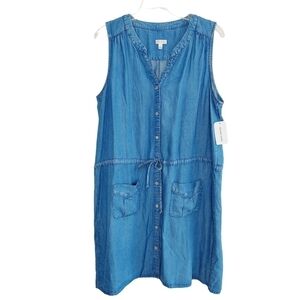 Spense Womens X-Large Chambray Dress Denim 100% Lyocell V-Neck Pocket Tie Waist